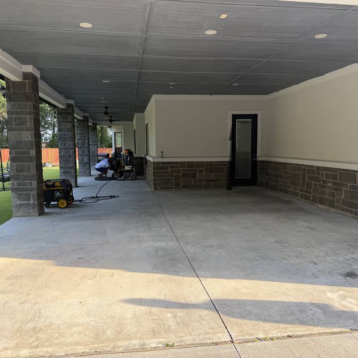 Coated concrete under a long covered patio