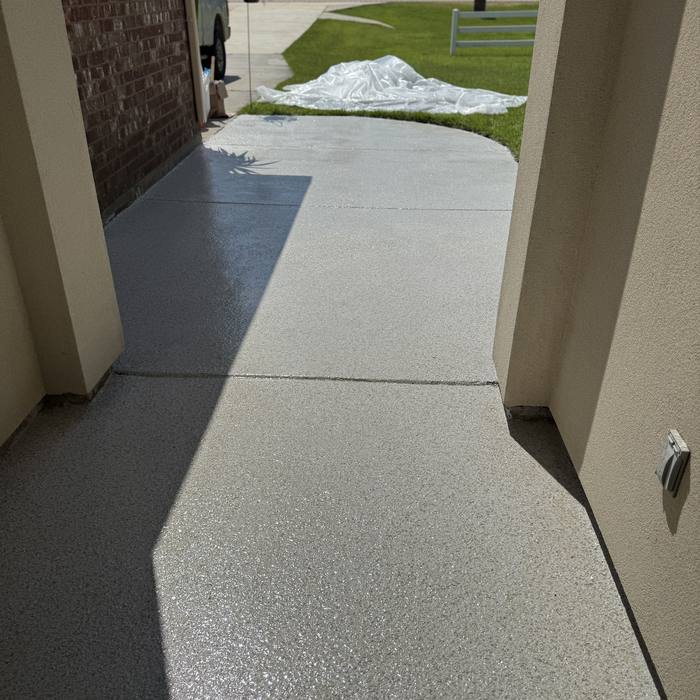 Gray flake epoxy garage floor from an angle
