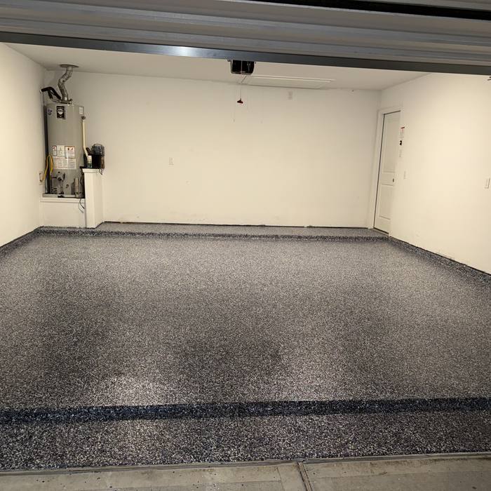 Dark gray flake epoxy garage floor